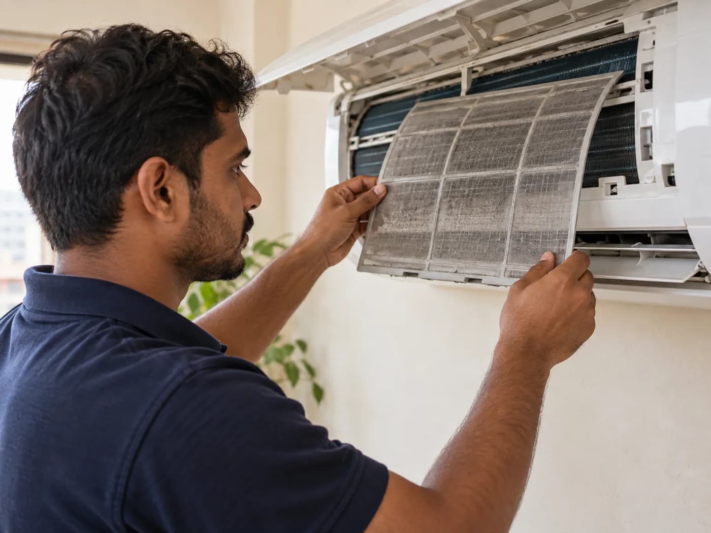 An AC technician inspecting a split air conditioner filter