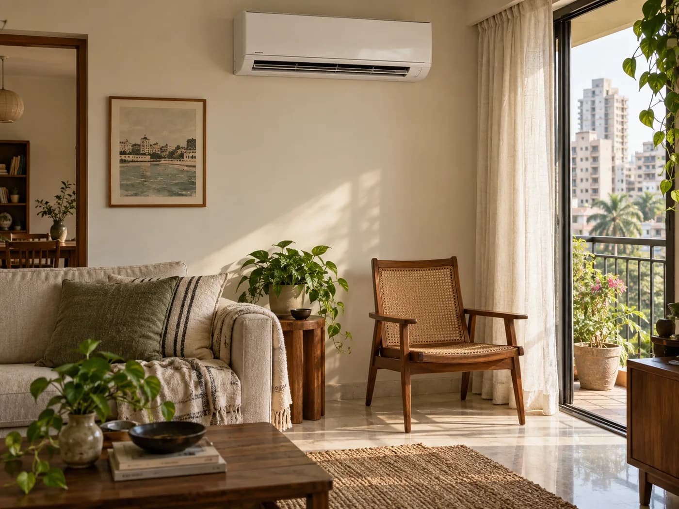 A split AC in a sunlit Mumbai living room